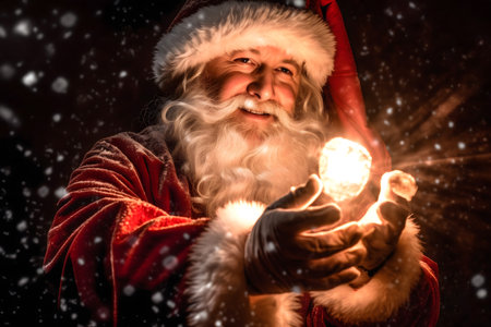 Portrait of Santa Claus holding a shining light bulb in his handsの素材