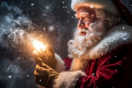 Santa Claus holding a magic wand in his hands. Christmas and New Year concept.の素材