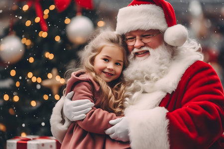 happy santa claus and little daughter hugging near christmas treeの素材