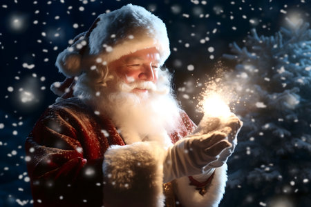christmas, holidays, gesture and people concept - close up of santa claus blowing snow from handsの素材