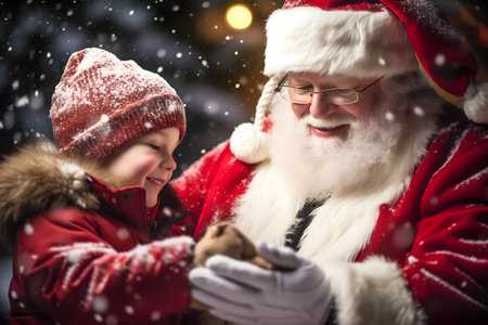 Santa Claus with cute little boy in the city at night. Snowfall.の素材