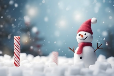 Snowman and candy canes in the snow. Christmas background.の素材