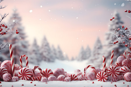Christmas candy canes and red berries in snowy forest. 3D Renderingの素材