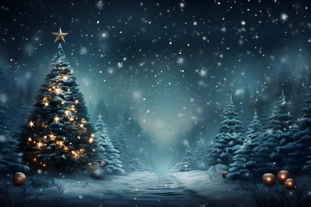 Winter forest with Christmas tree and snowflakes. 3D renderingの素材