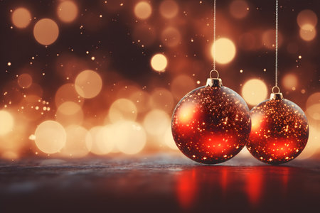 Christmas background with red baubles on bokeh lights backgroundの素材