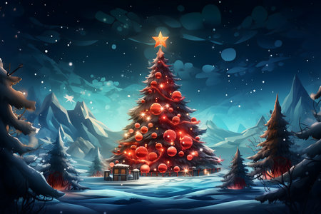 Christmas and New Year background with winter forest and Christmas tree. Vector illustration.の素材