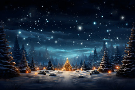 Christmas background with snowy fir trees and christmas lights. Illustrationの素材