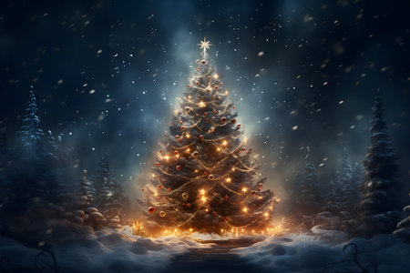 Christmas tree in a snowy forest. 3D rendering. Christmas background.の素材