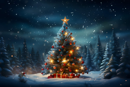 Christmas tree in winter forest with gift box and lights. 3D renderingの素材