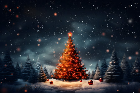 Digital composite of Christmas tree in snowy forest with red baublesの素材