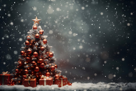 Christmas tree with gift boxes on snow background. Christmas and New Year conceptの素材