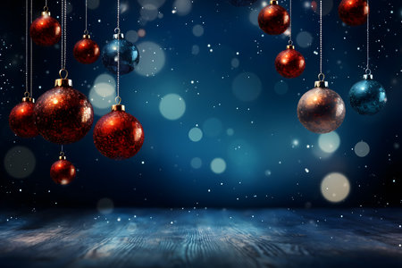Christmas background with hanging red and blue baubles on wooden floorの素材