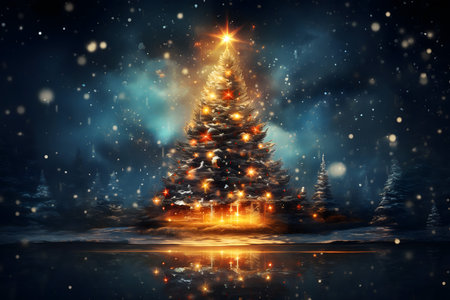 Christmas background with christmas tree and snowflakes. 3d illustrationの素材