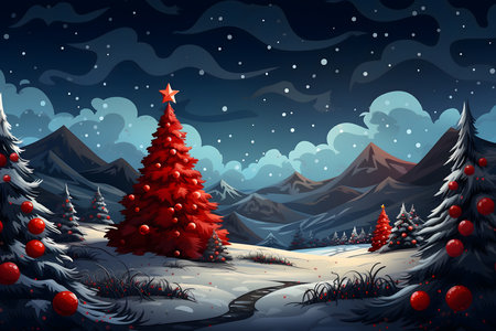 Christmas background with fir trees and snowflakes in the mountains illustrationの素材