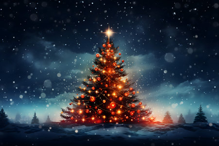 Christmas tree in snowy landscape with lights and snowflakes 3D renderingの素材