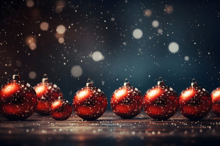 Red Christmas balls on wooden table with snow and bokeh backgroundの素材