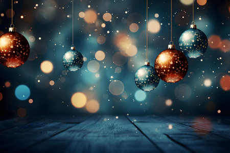 Christmas decoration on wooden planks with bokeh lights background.の素材