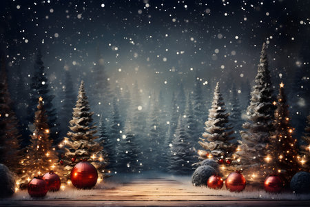 Christmas and New Year background. Christmas greeting card. Festive decoration in the forest.の素材