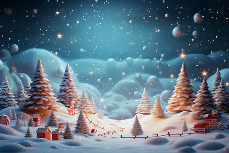 Christmas and New Year background with winter landscape. 3D illustration.の素材