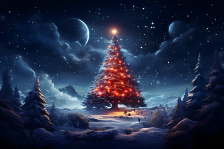 Christmas tree in the winter forest with snowflakes and full moonの素材