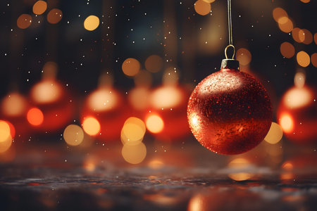 Christmas decoration with bokeh lights and red bauble on dark backgroundの素材