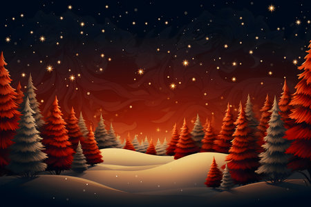Winter landscape with fir trees and snow in the night. Vector illustration.の素材