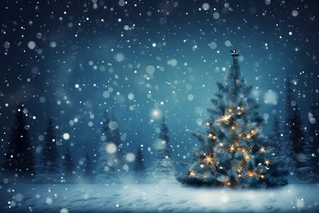 Christmas tree in winter forest with lights and snowfall. 3d renderingの素材