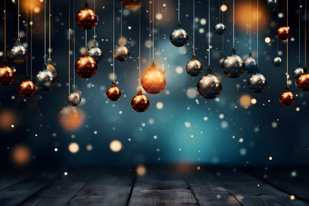Christmas background with christmas balls and bokeh lights on wooden boardの素材
