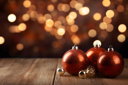 Christmas balls on wooden table with bokeh lights background. Copy spaceの素材