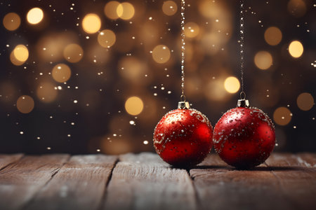 Red christmas balls on wooden table with bokeh lights backgroundの素材