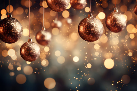 Christmas and New Year holidays background with golden baubles and bokeh lightsの素材