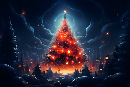 Fantasy winter landscape with christmas tree. 3D illustration.の素材
