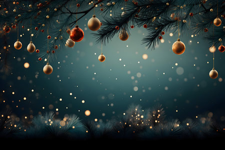 Christmas background with fir tree branches, golden balls and snowflakesの素材