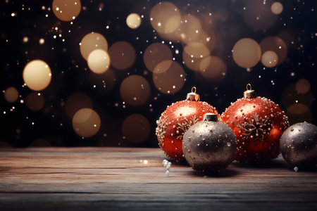 Christmas balls on wooden table with bokeh background. New Year cardの素材