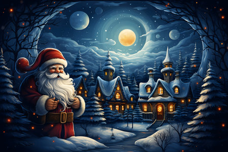 Christmas and New Year background with Santa Claus and houses in the forest.の素材