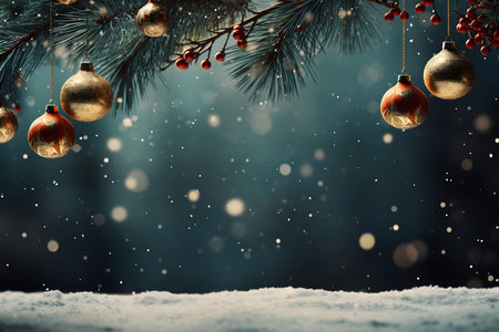 Christmas background with fir branches, balls and snowflakes on dark backgroundの素材