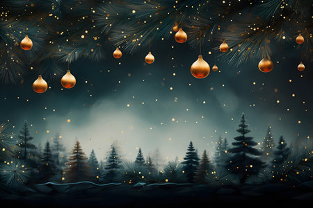 Christmas background with fir branches and golden christmas balls. Vector illustration.の素材