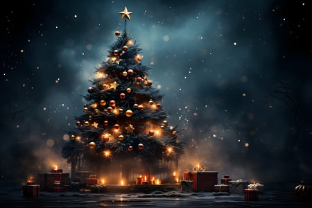 Christmas tree and gifts in the snow. Christmas background. 3d renderingの素材