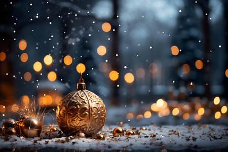 Christmas decoration with golden bauble, snow and bokeh lightsの素材