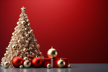 3D rendering Christmas tree with gift box and baubles on red backgroundの素材