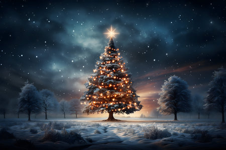 Christmas tree in the snowy forest at night. 3D rendering.の素材