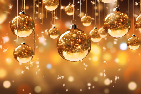 Golden christmas balls on bokeh lights background. 3D renderingの素材