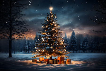 Christmas tree in winter forest with gifts and lights - 3D renderingの素材
