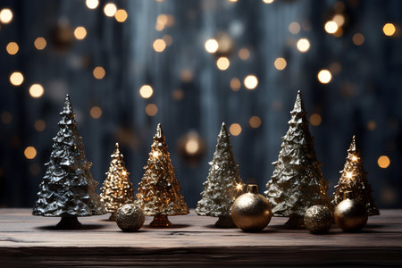 Christmas tree decoration on wooden table over bokeh lights background.の素材