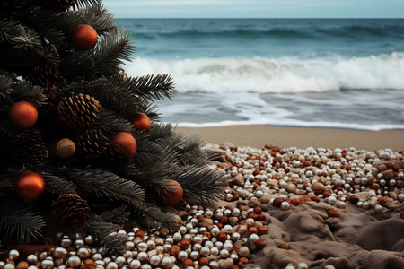Christmas tree on the sand near the sea. Christmas and New Year conceptの素材