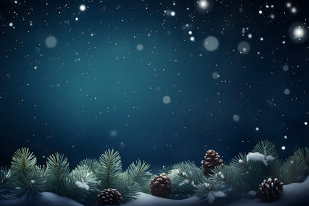 Christmas background with fir branches covered with snow and falling snowflakesの素材