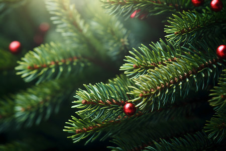 Christmas tree branches with red baubles on blurred background, close upの素材