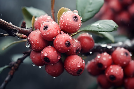 Red berries on a branch in the rain. Close-up.の素材