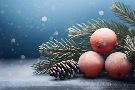 Christmas decoration with fir branches, cones and berries on a blue backgroundの素材