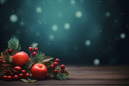 Christmas background with red apples and rowan branches on wooden table.の素材